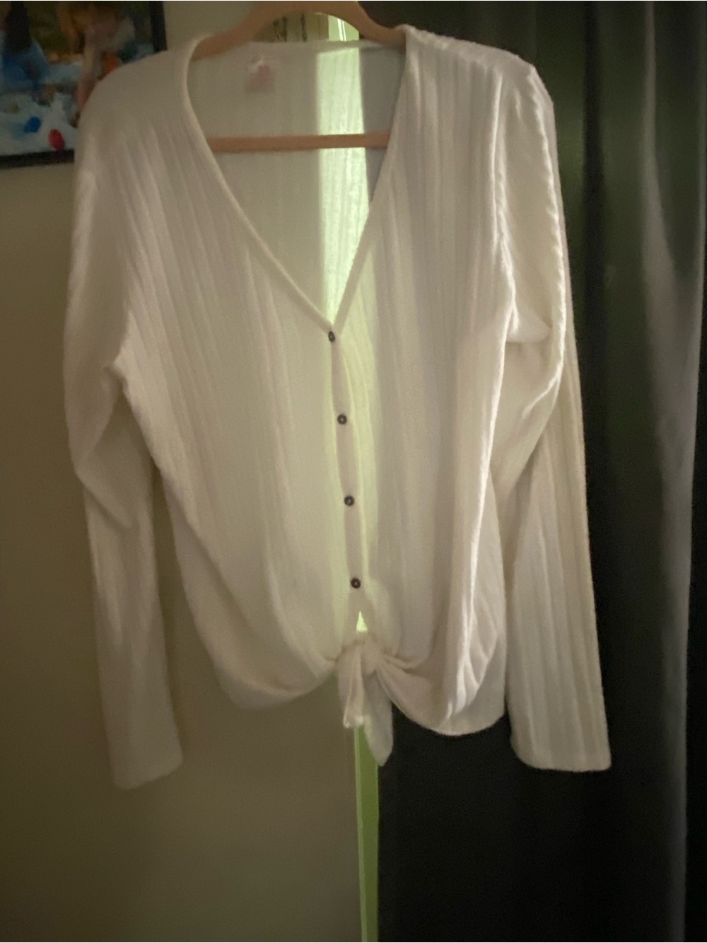 No Boundaries White Ribbed Button-Front Tie Hem Top